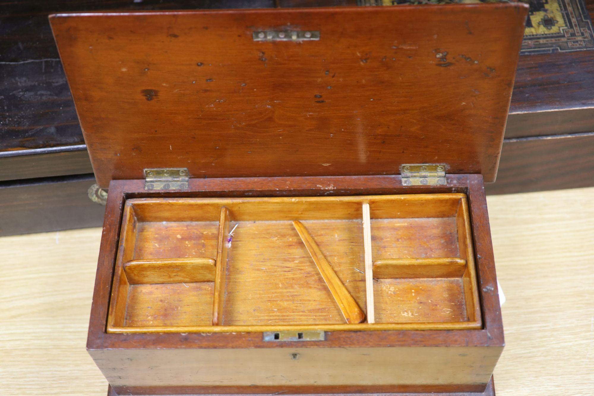 Two 19th century boxes and a Victorian coromandel writing slope, 35cm